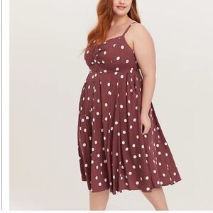 TORRID Challis White and Brownish/Mauve Midi Sundress with White Polka Dots